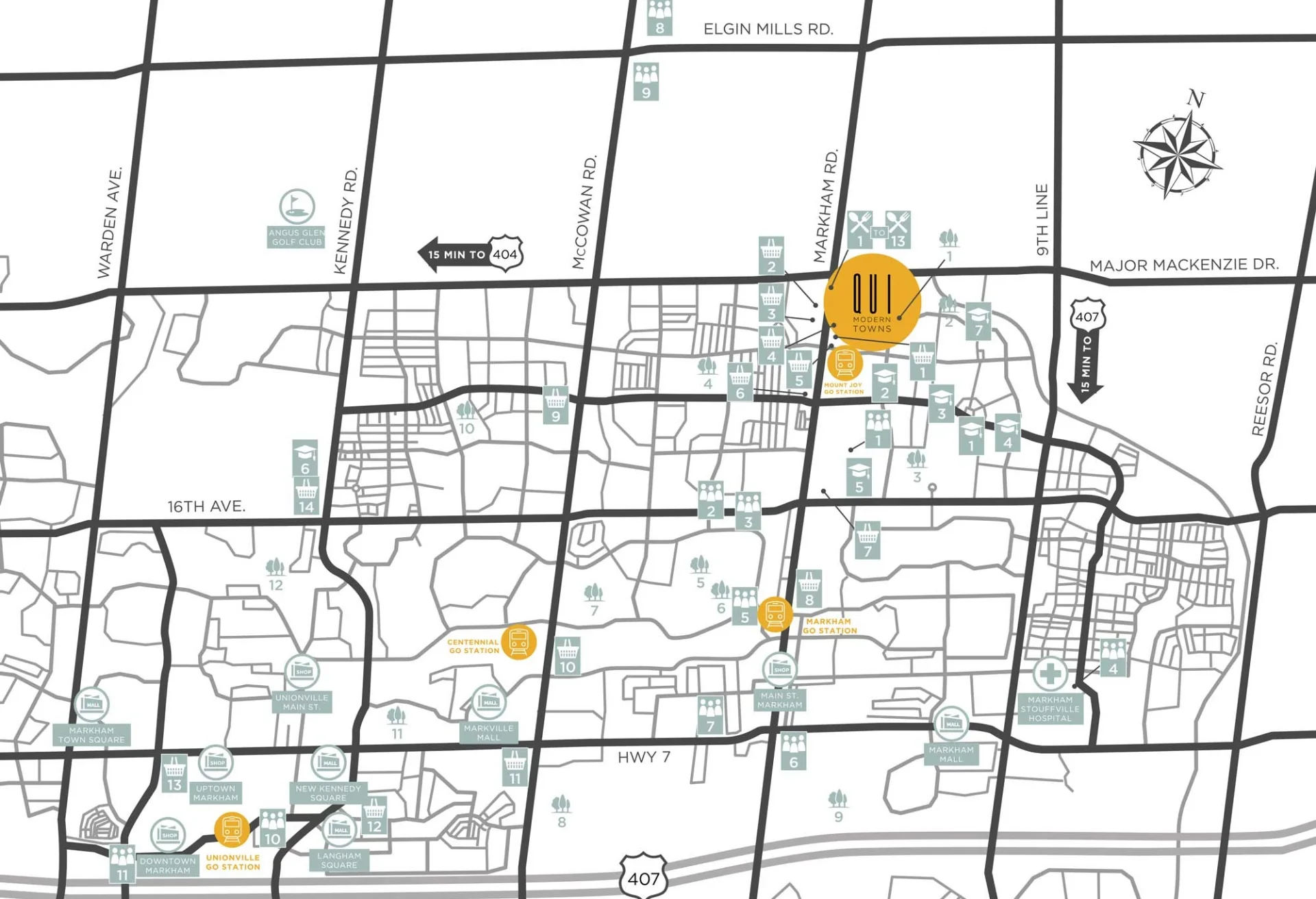 Neighbourhood map showing QUI Modern Towns at Markham Road and Major Mackenzie Drive, with Mount Joy GO Station, shops, schools, parks and Highway 407.