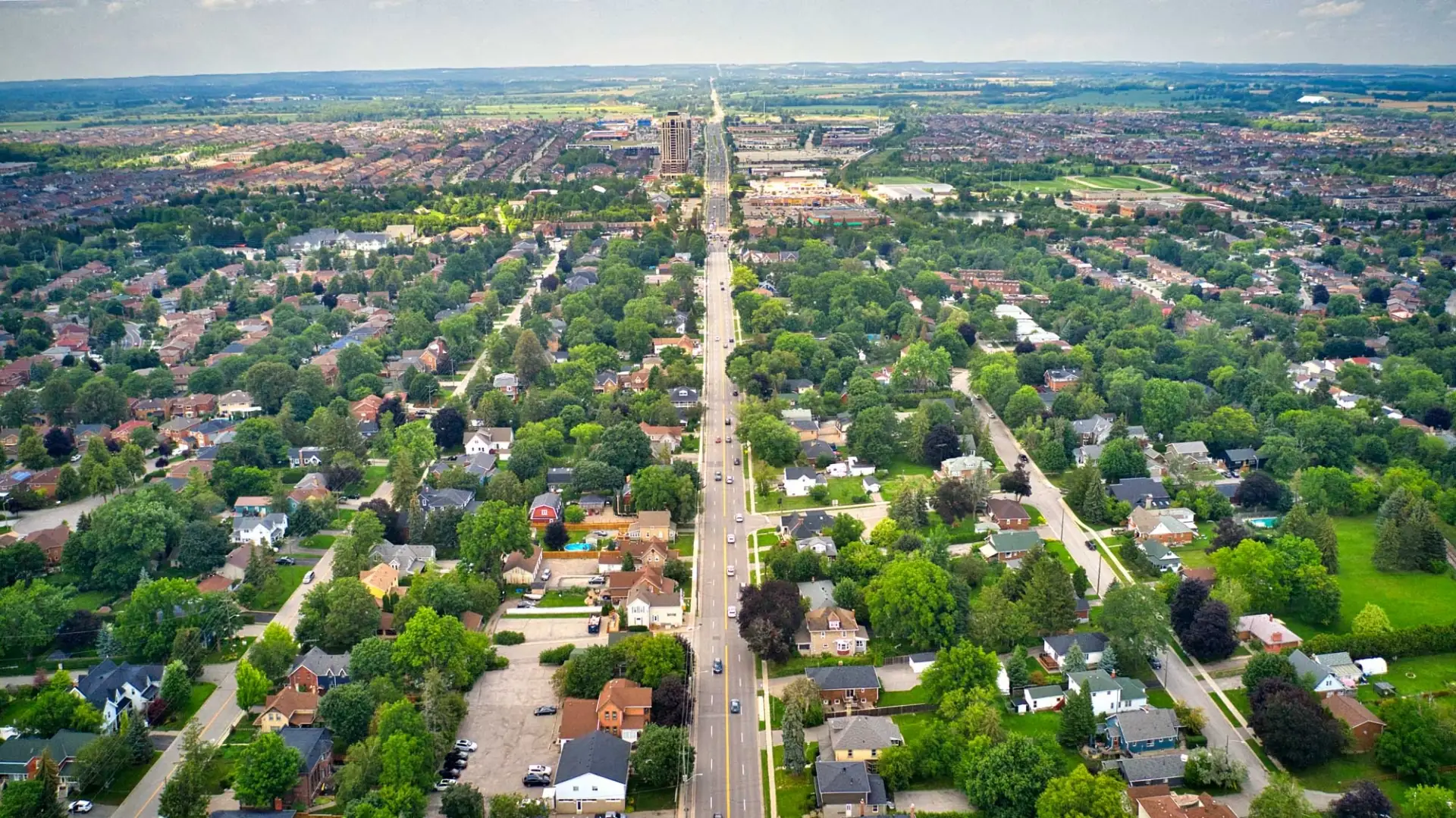 Aerial view of mature tree-lined neighbourhoods flanking a wide arterial road, with open countryside on the horizon.