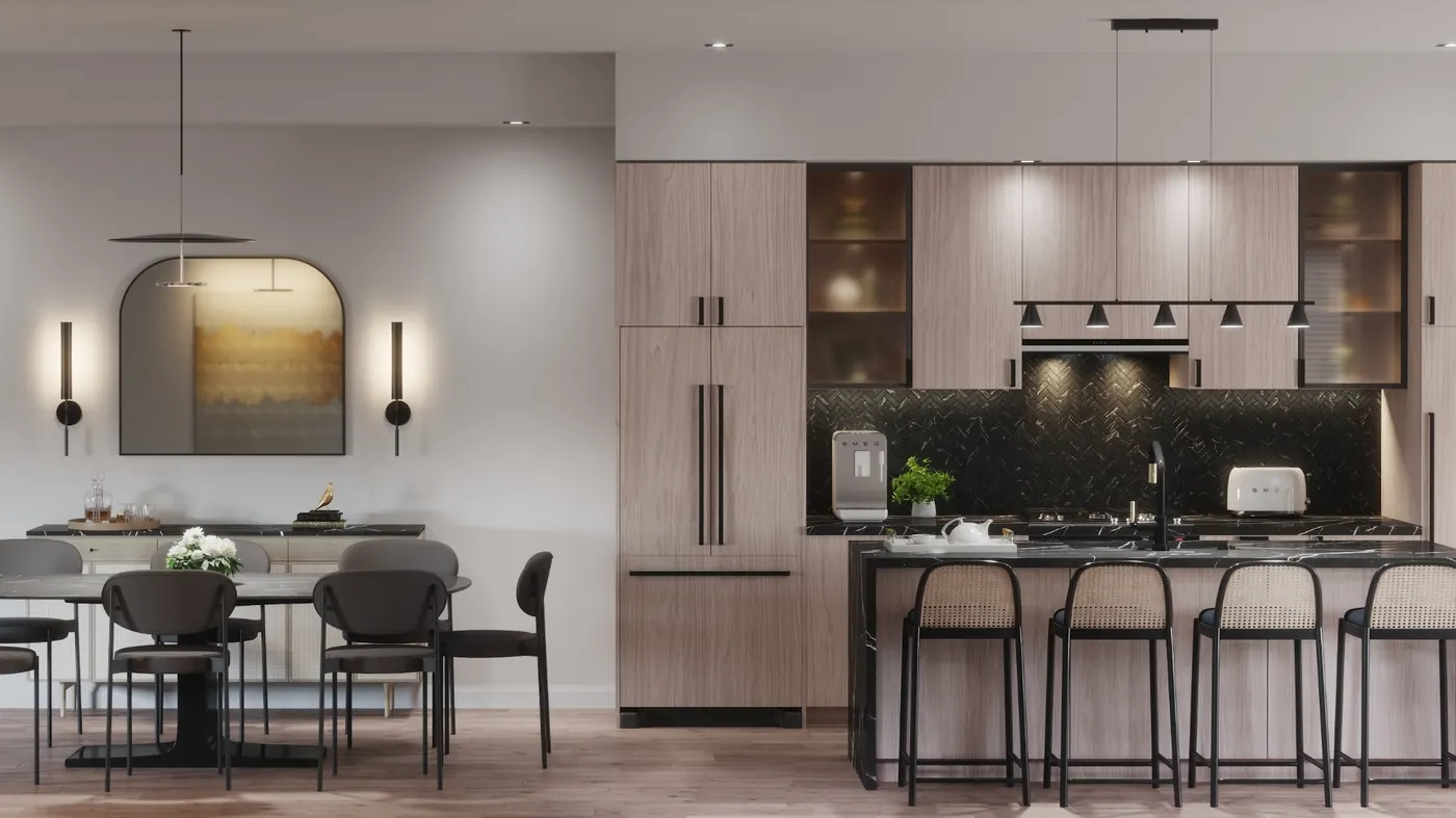 Dining area and kitchen — pale oak cabinetry, black herringbone backsplash and a black marble island with counter seating.