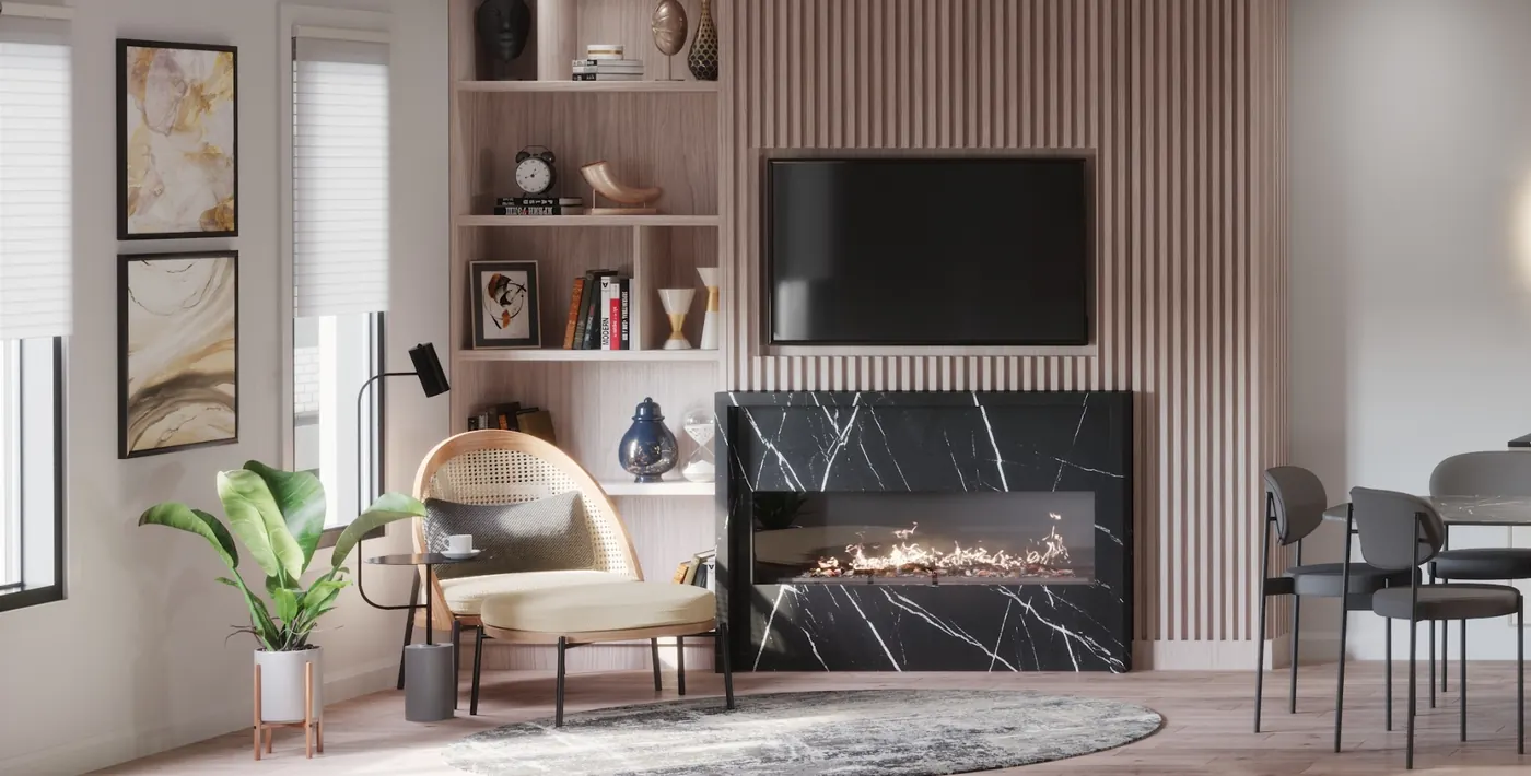 Living room with a linear fireplace in black marble, fluted wood feature wall and built-in shelving.