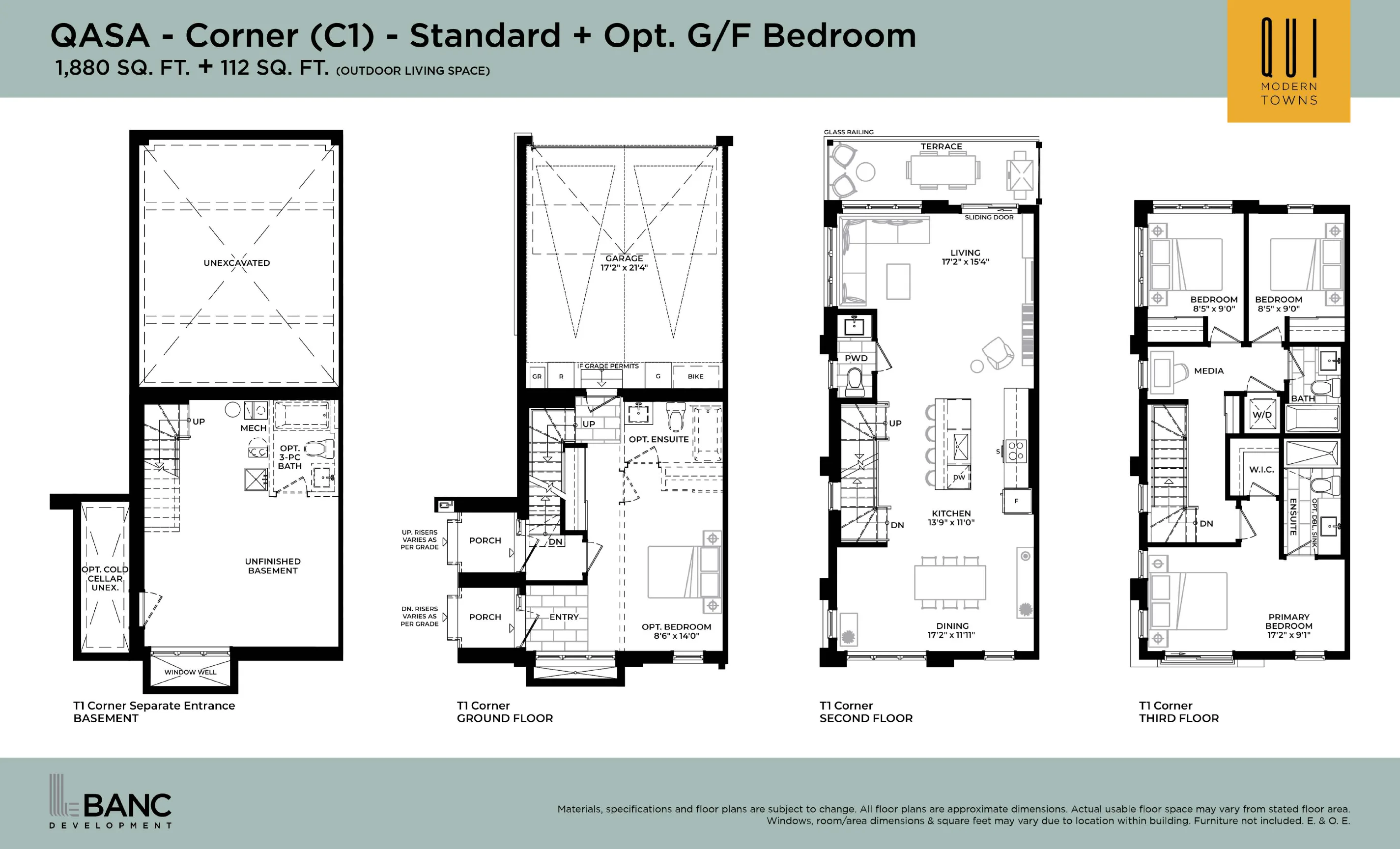 QASA Collection C1 floor plan plate — Corner unit, 1,880 sq.ft.