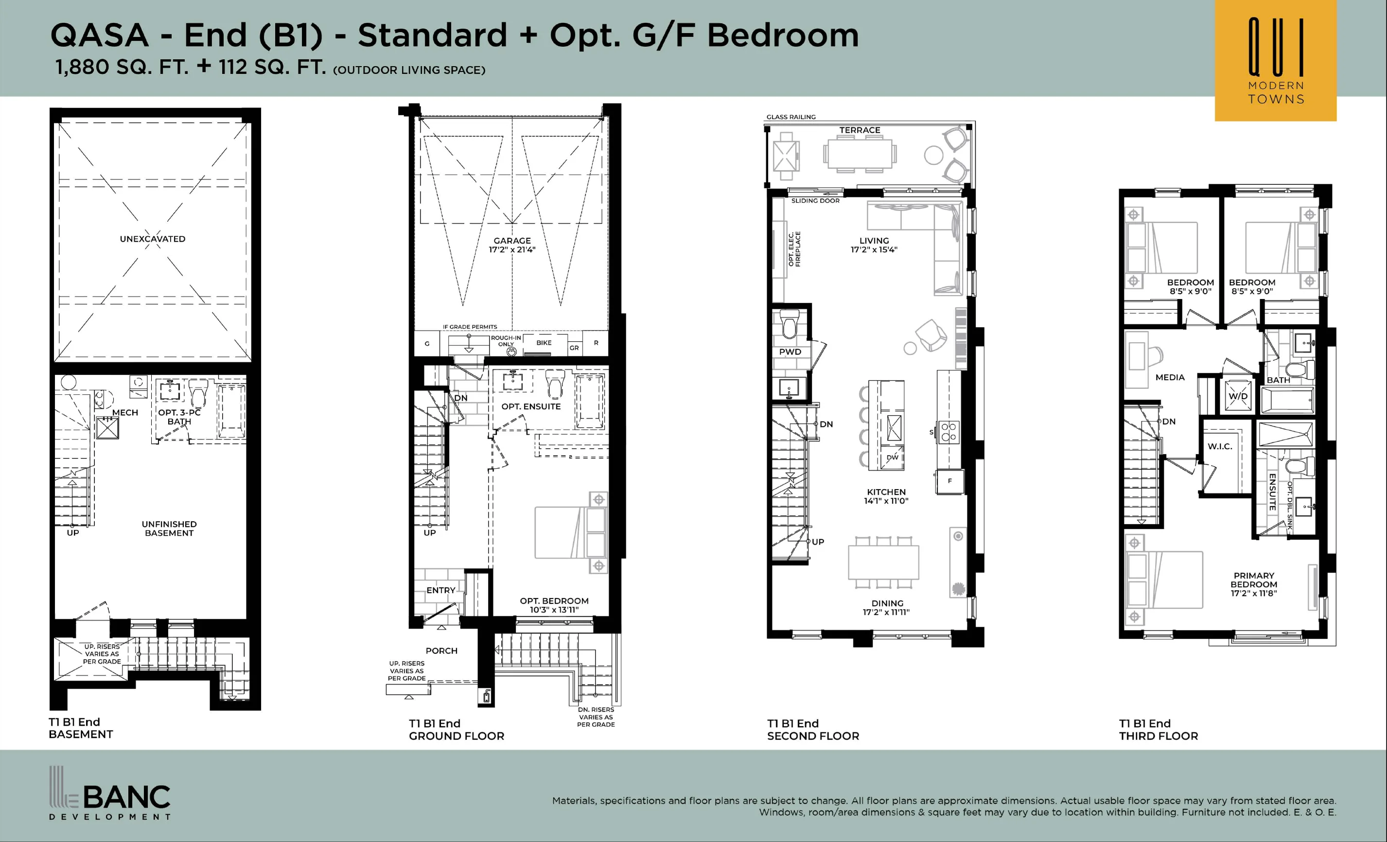 QASA Collection B1 floor plan plate — End unit, 1,880 sq.ft.