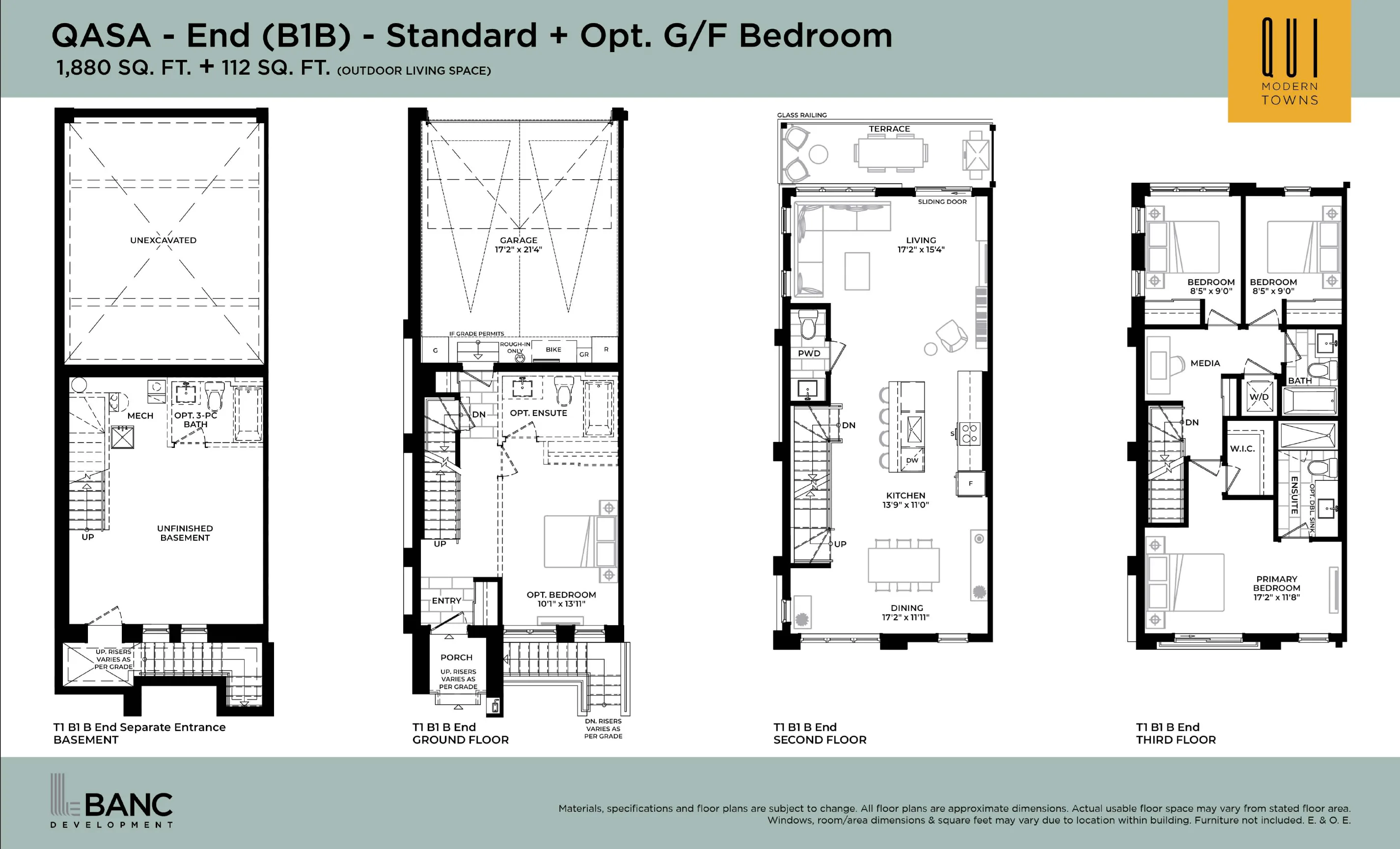 QASA Collection B1B floor plan plate — End unit, 1,880 sq.ft.