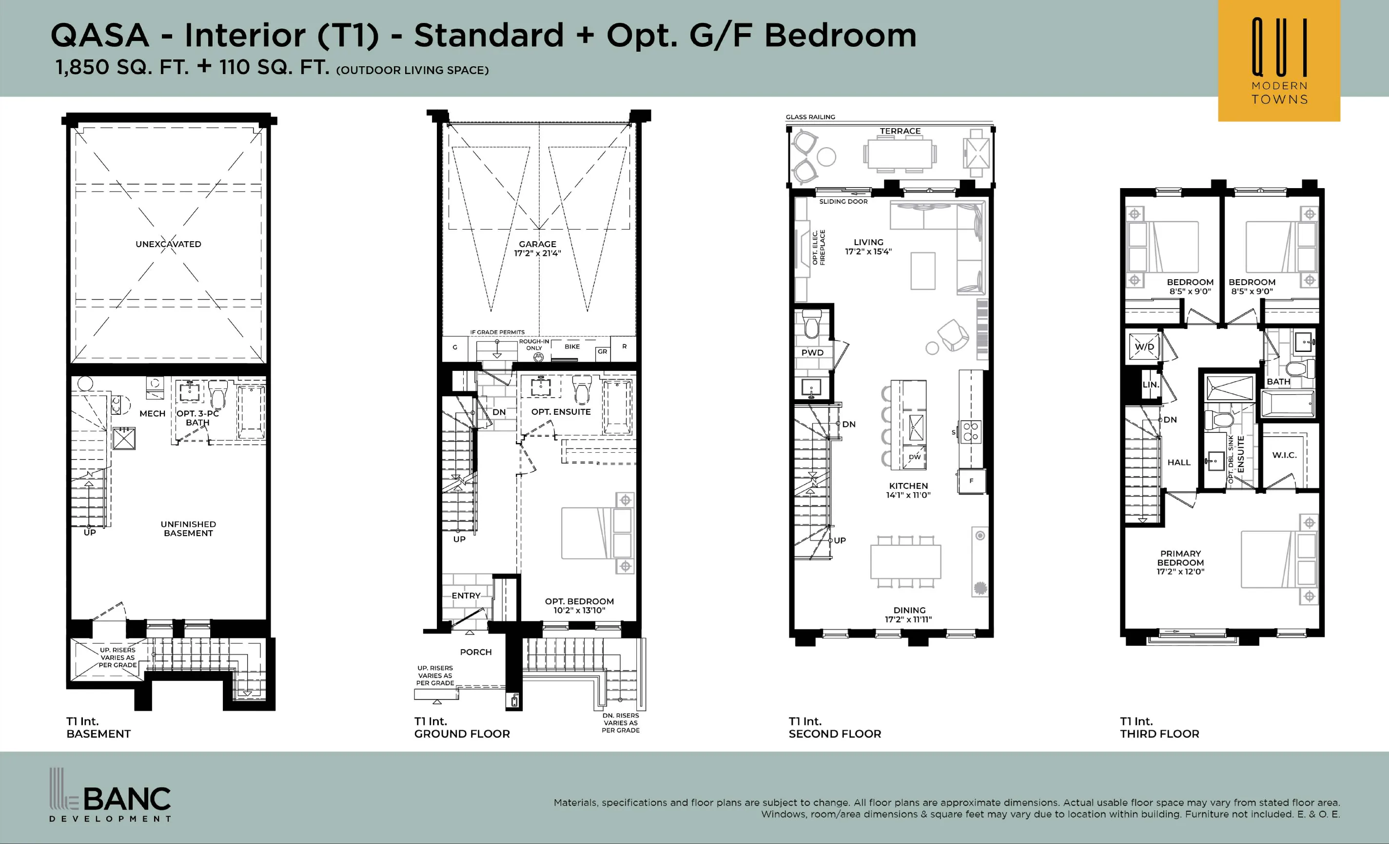 QASA Collection T1 floor plan plate — Interior unit, 1,850 sq.ft.